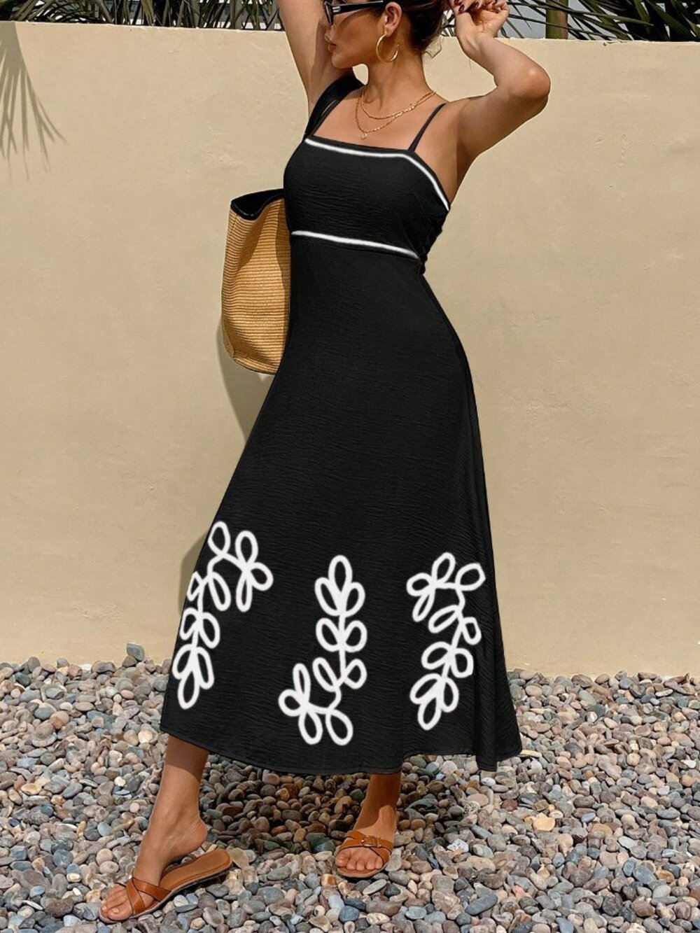 Black Elegant Women's Contrast Print midi Dress - Picture 4 of 7